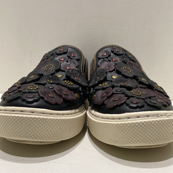 COACH “Tea Rose” Women’s Black Leather Floral Appliquéd Slip-on Sneakers (Sz:6B) - Picture 4 of 12